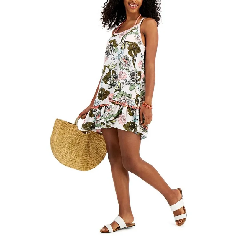 Miken Womens Floral Print Ruffle Dress Swim Cover-Up Tunics Office stylish