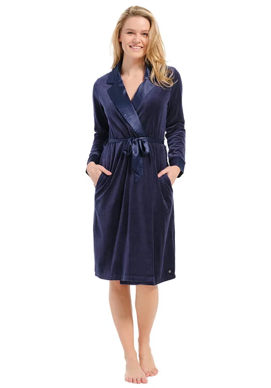 Pastunette Deluxe Velvet Wrap Over Dressing Gown, Dark Blue Tunics Distressed trendy