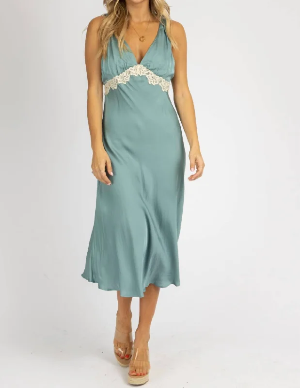 Moss Lace Midi Slip Dress In Green empire Waist empire