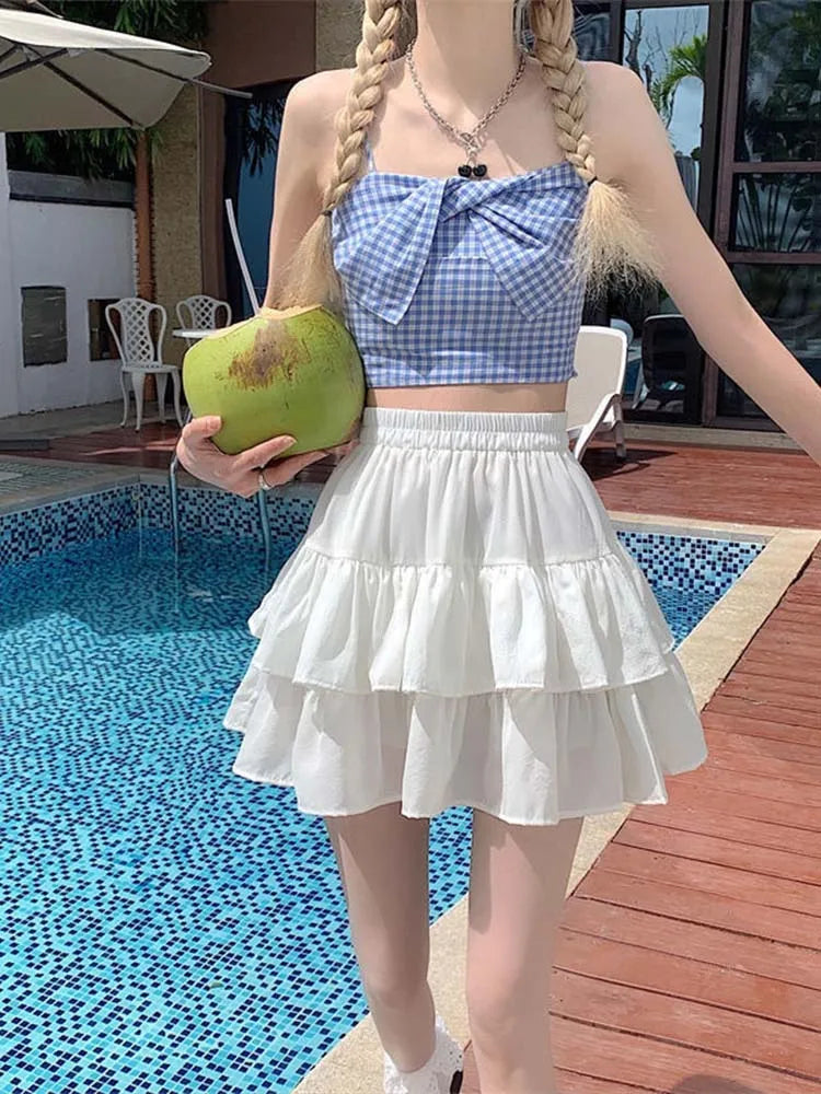 DressBetty - Pleated A-line White Ruffles Sweet Elastic Waist Summer Skirt Tunics Winter warm