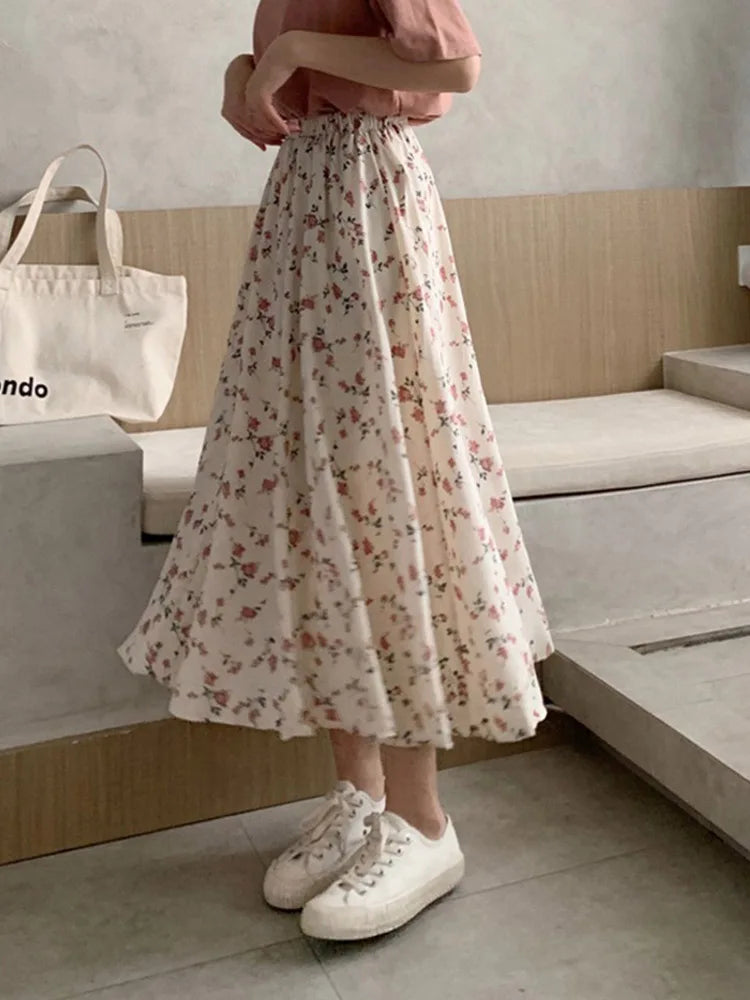 DressBetty - Vintage Floral Print A-line Pleated Streetwear Drawstring Midi Skirt Tunics Prom sequined