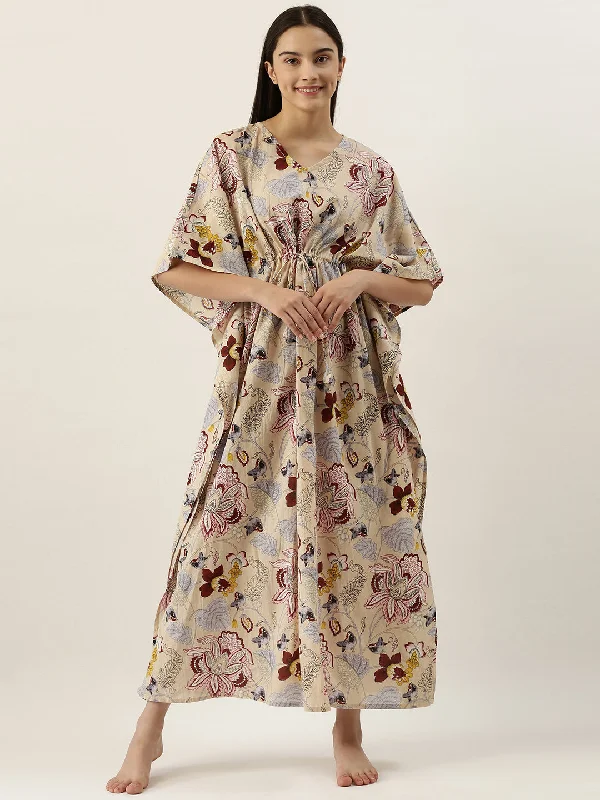 BEIGE Cotton Printed Kaftan Maxi Dress Turtleneck Neckline Stylish