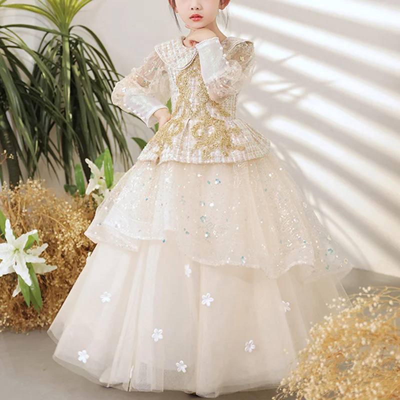 Girl Communion Easter Dress Champagne Sequin Long Sleeve Floral Birthday Princess Dress Tunics Canvas sturdy