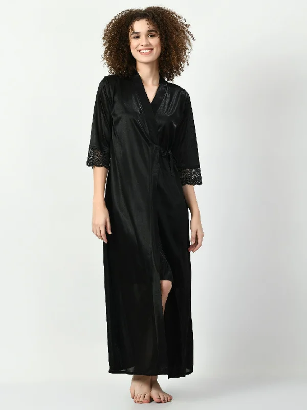 Women's Satin Black Nightdress - Legit Affair Turtleneck Warm Winter