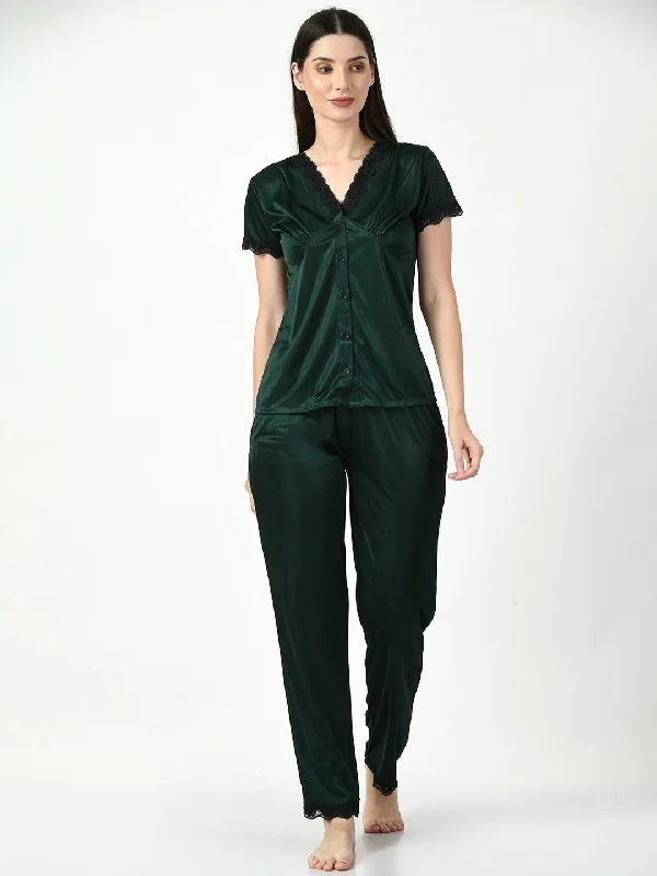 Women's Satin Green Nightdress - Legit Affair Boat Neckline Classic