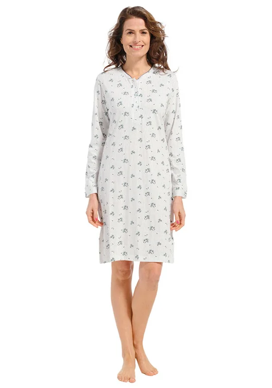 Pastunette Floral Stripe Long Sleeve Nightdress, Light Grey Tunics Custom made